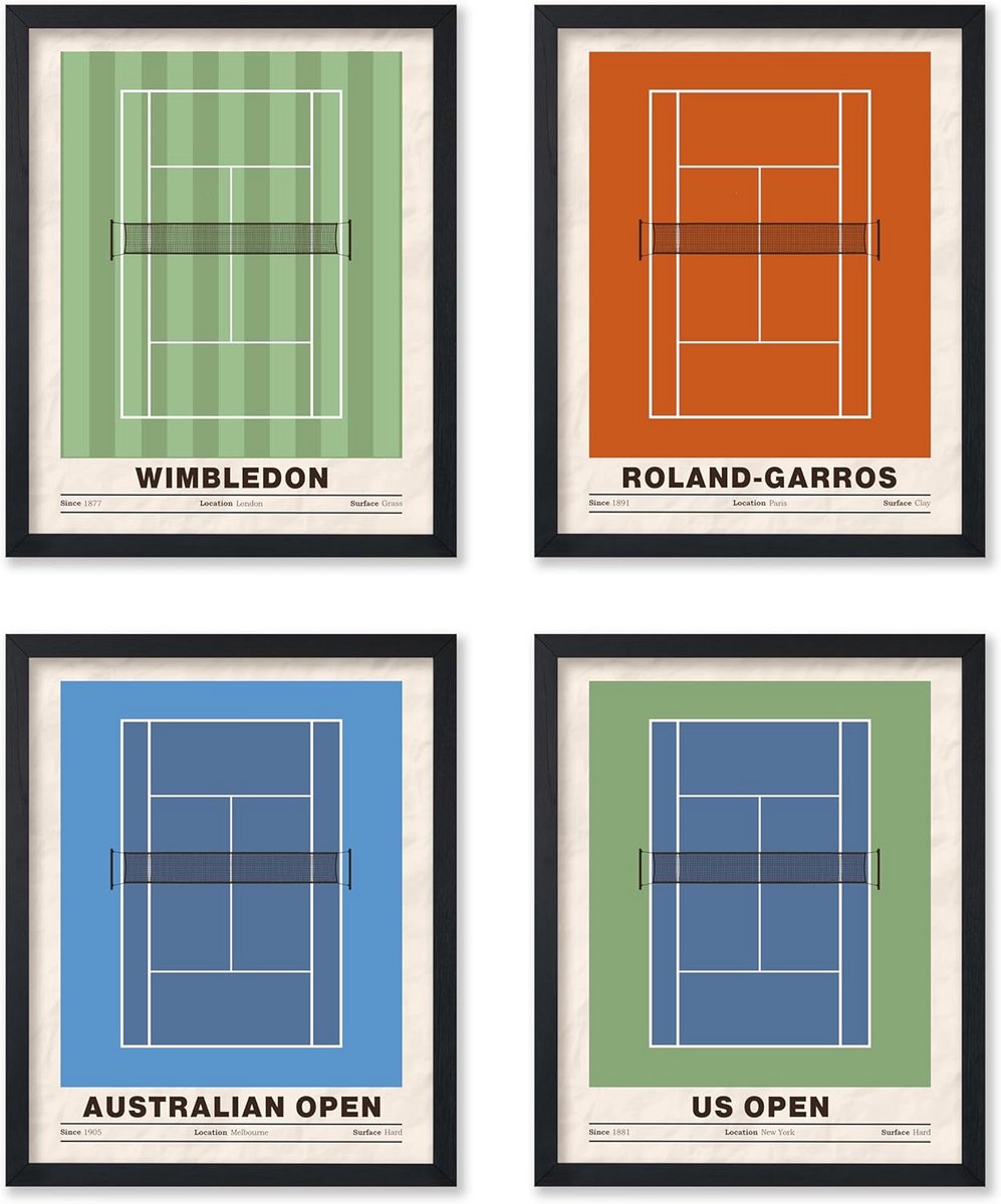 Set van 4 Tennis Posters - Tennisbaan Kunst Print - Grand Slam Toernooi Muurdecoratie - 11x14 Inch Oningelijst