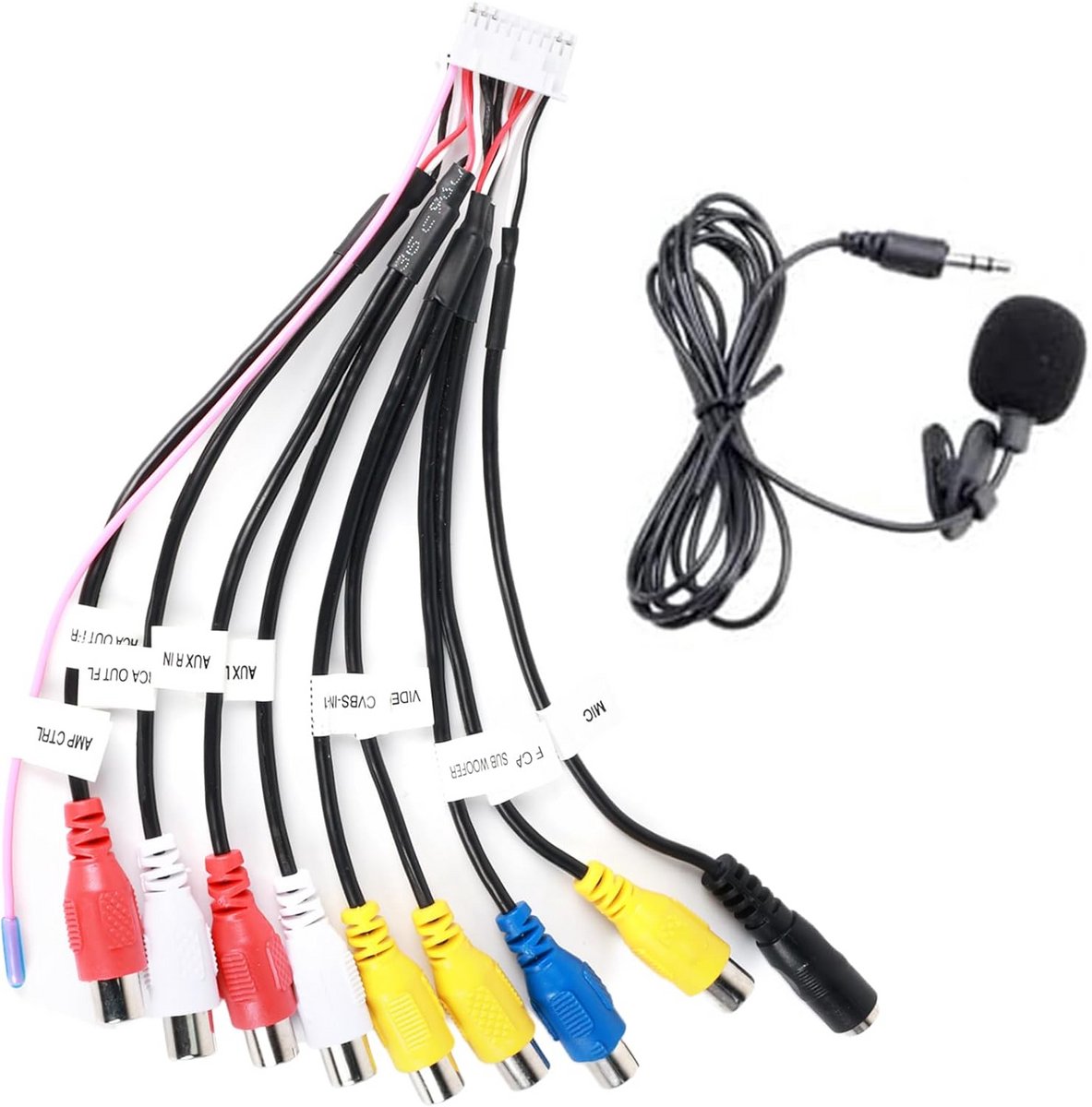 Autoradio Kabelboom 20-Pins Universeel met 9x RCA Tulp en Externe Microfoon Aansluiting