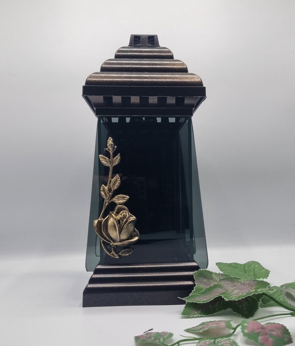 Herdenkingslicht - L-12a - Lantaren - Roos - Goud - Spiegel - Windlicht - Graflicht - Graflantaarn - Grafdecoratie