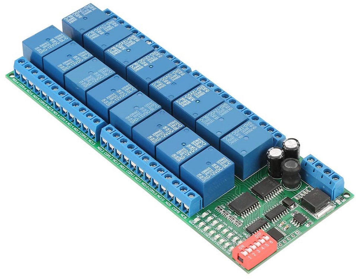 RS485 Relais Module 16 Kanalen 12V met Optische, Laag Niveau Triggerschakeling