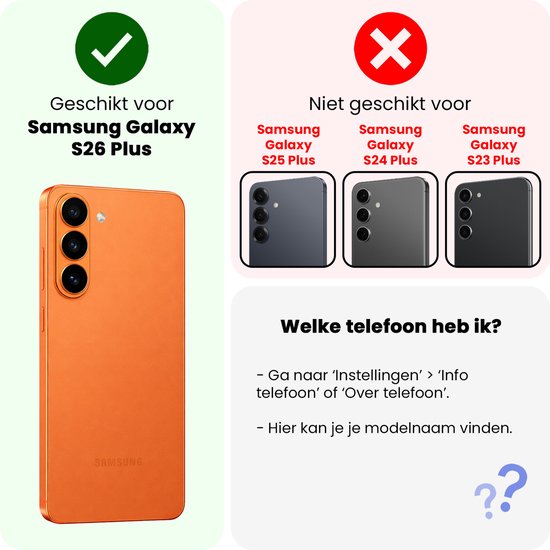 Oranje Samsung Galaxy S26 Plus, geschikt. Samsung Galaxy S25/S24/S23 Plus, niet geschikt.