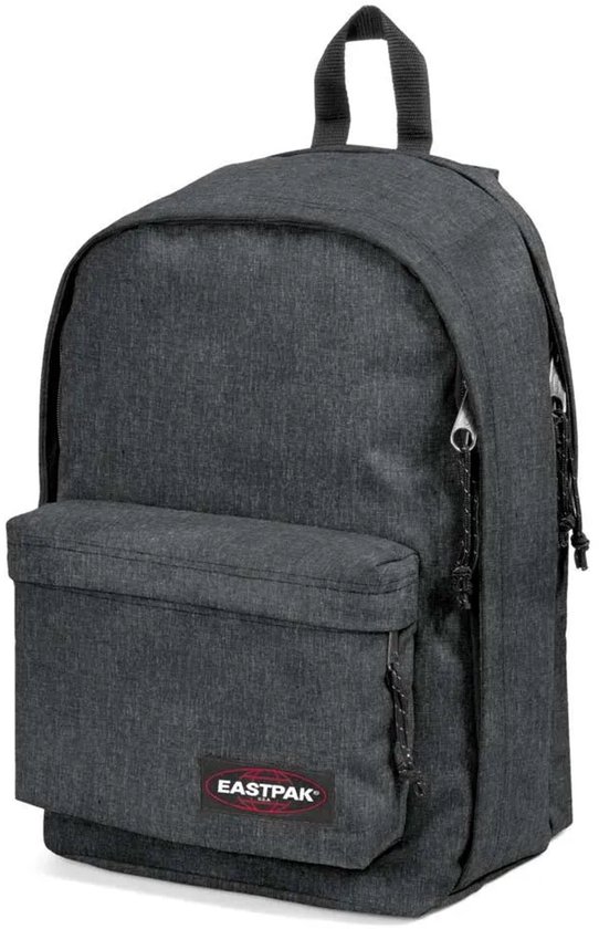 Donkergrijze rugzak met een voorvak en een Eastpak logo.