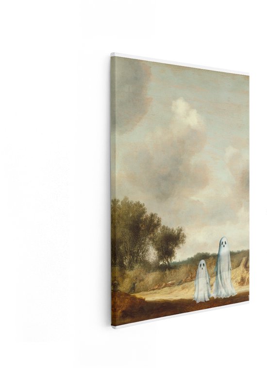 Zijaanzicht van een canvas schilderij met twee spoken in een vintage landschap.