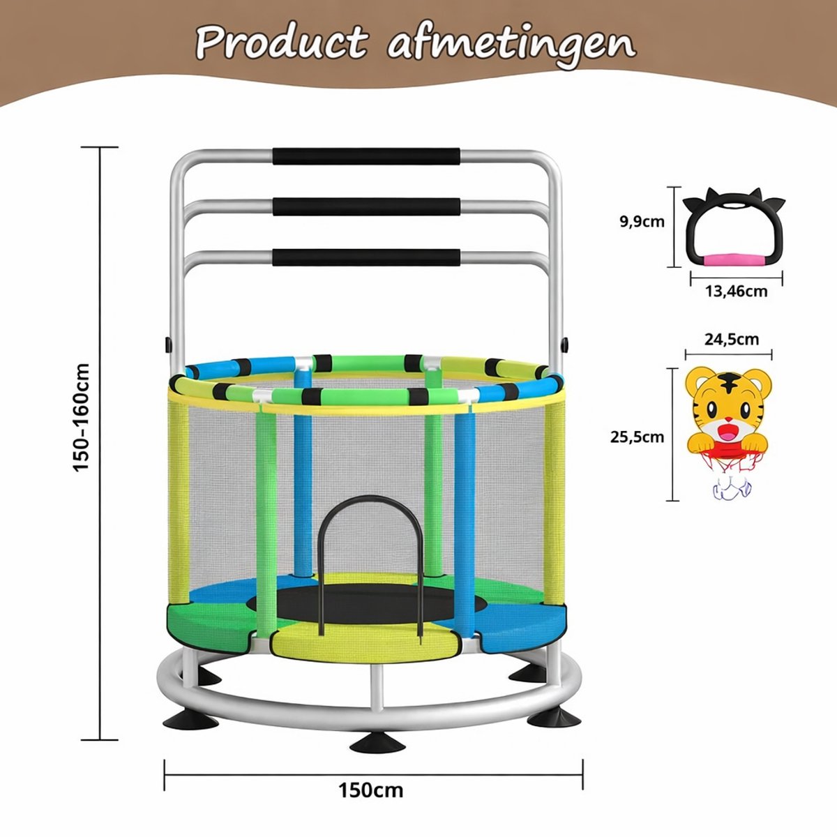 Trampoline Ø150 cm – Multifunctionele Kinder Trampoline met Basketbalring- Ringen en Hangmat – Stalen Frame – Meerkleurig — afbeelding 7