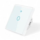 Witte slimme schakelaar met glanzend oppervlak en een blauw omlijnd aan/uit-symbool, wifi-icoon.