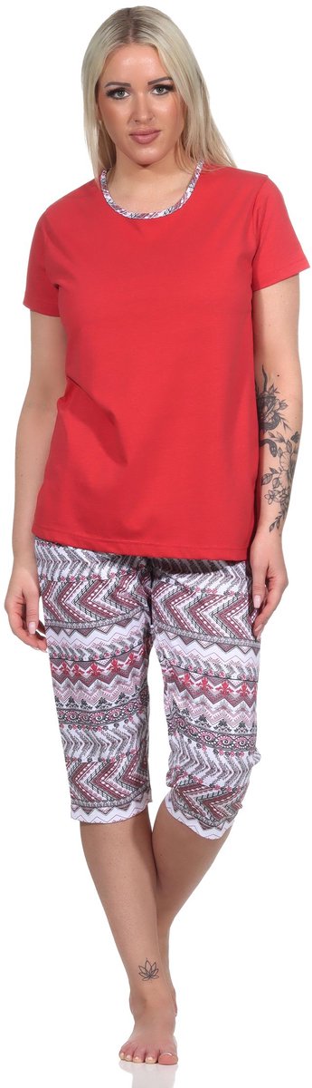 Normann Damespyjama met korte mouwen en capri in etnische look rot