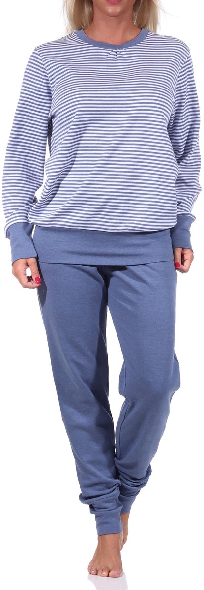 Normann Cosy damespyjama met lange mouwen en manchetten in streepjeslook - 212 201 96 258 blau