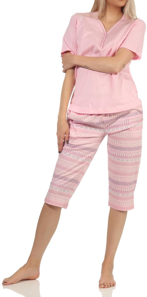Normann Damespyjama korte mouw met capri broek in etnische look - ook in overmaten rosa