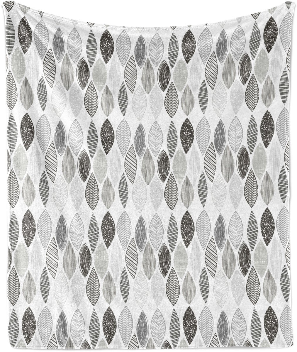 ABAKUHAUS Doodle Zachte Flanellen Fleece Deken, Abstracte Bladeren Kunst, Gezellige Pluche Plaid, 175 x 230 cm, Houtskoolgrijs Lichtgrijs
