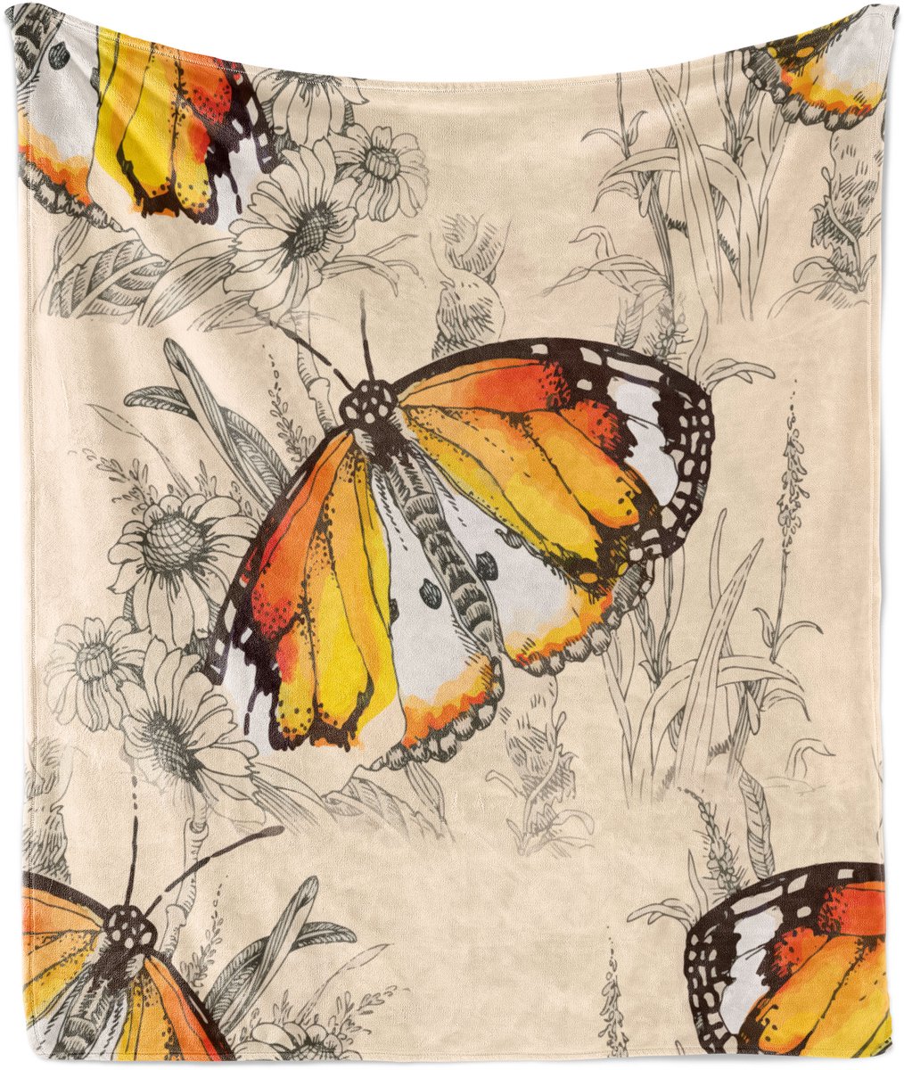 ABAKUHAUS Vlinder Zachte Flanellen Fleece Deken, Meditatieve Reis, Gezellige Pluche Plaid, 175 x 230 cm, Zwart Oranje Crème