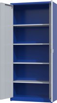 Open blauw-grijze kast met vijf grijze legborden, witte binnenzijde deuren.