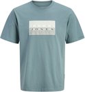 Blauwgroen T-shirt met een rechthoekige print van "JACK & JONES" in wit en grijs.