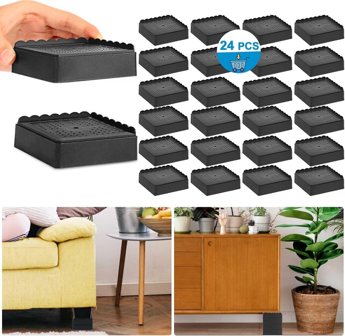Verstelbare Zwarte Meubelverhogers Stapelbaar voor Bed Bank en Bureau (8-Pack)
