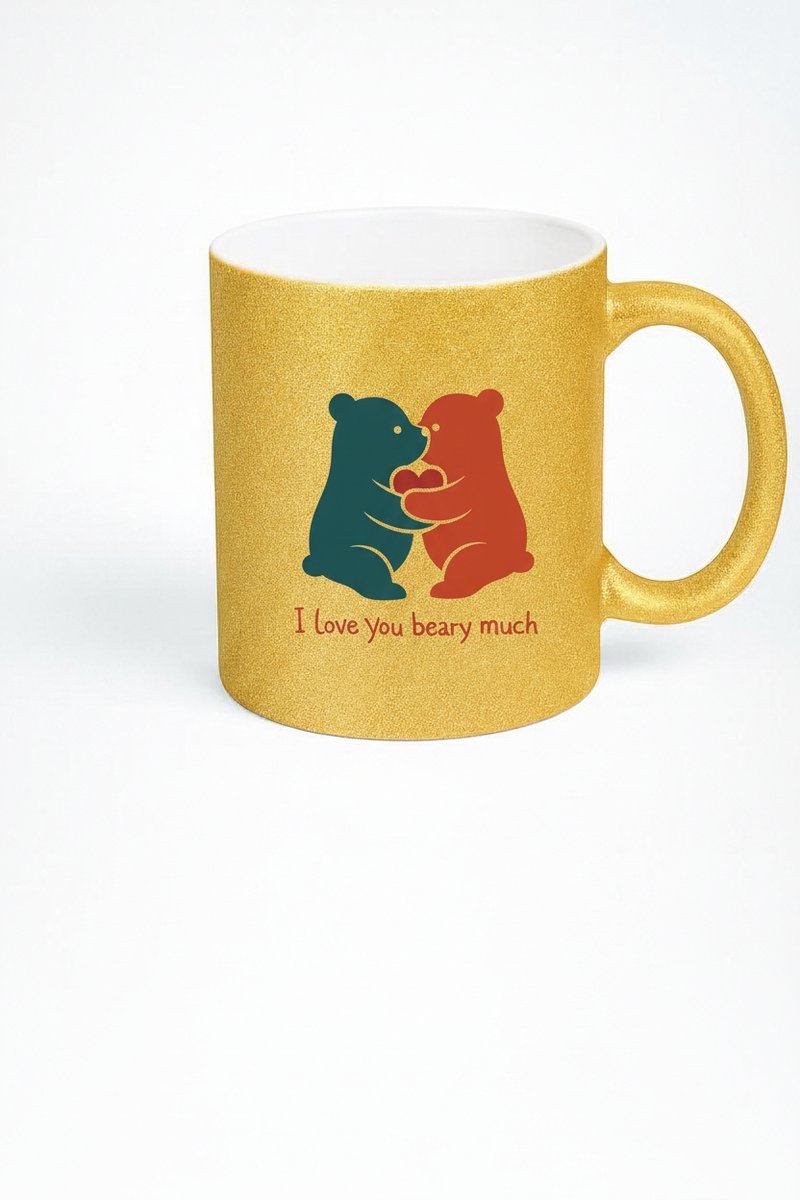 Gouden Glitter Mok 'I Love You Beary Much' met Lieve Beren Design – Romantisch Cadeau