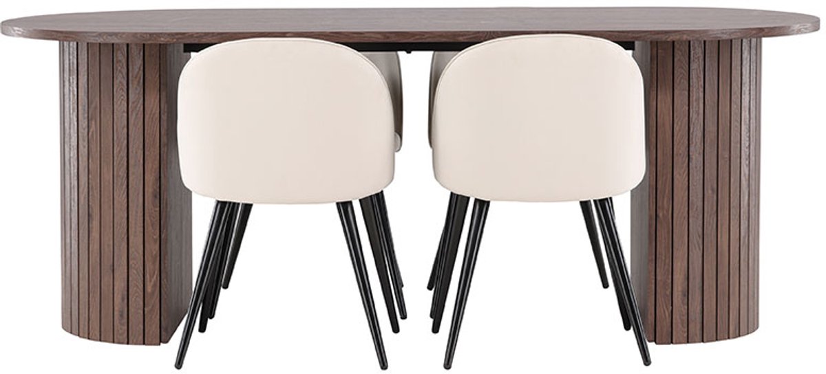 Härön eethoek tafel 90x200cm en 4 velours stoelen mocca.