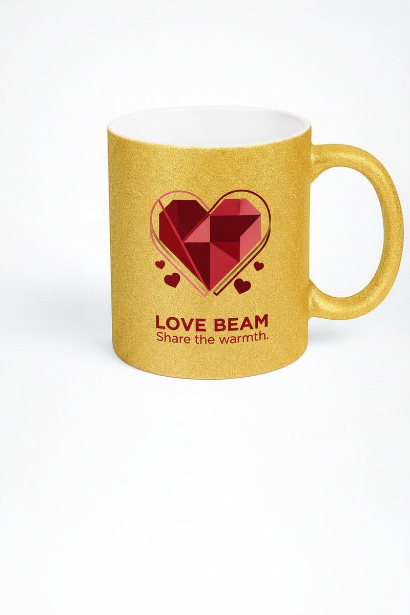 Gouden Glitter Mok met Liefdeshart - 'Love Beam Share the Warmth' - Uniek Cadeau