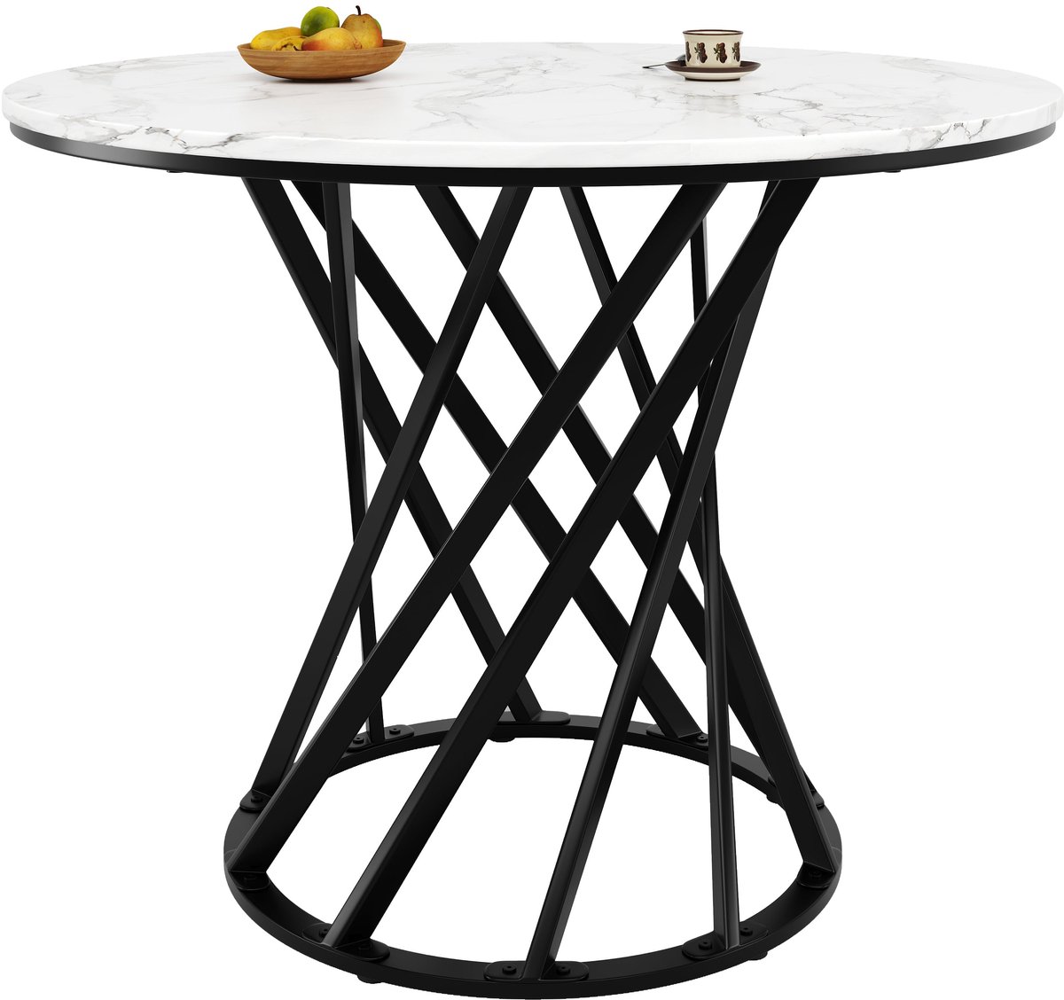 Merax Ronde Eettafel 80 x 80 x 76 cm - Marmerlook Wit Tafelblad - Zwart Metalen Onderstel - Keukentafel - Eetkamertafel - Woonkamer
