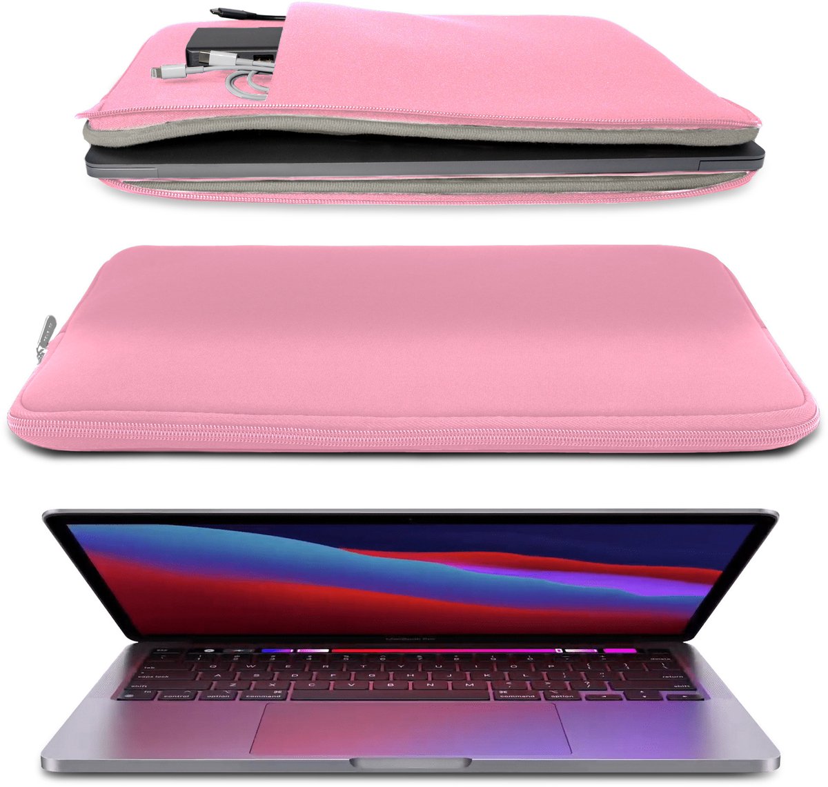 Roze laptophoes 13-14 inch waterafstotend schokabsorberend slank met zachte voering en ritssluiting - Afbeelding 2