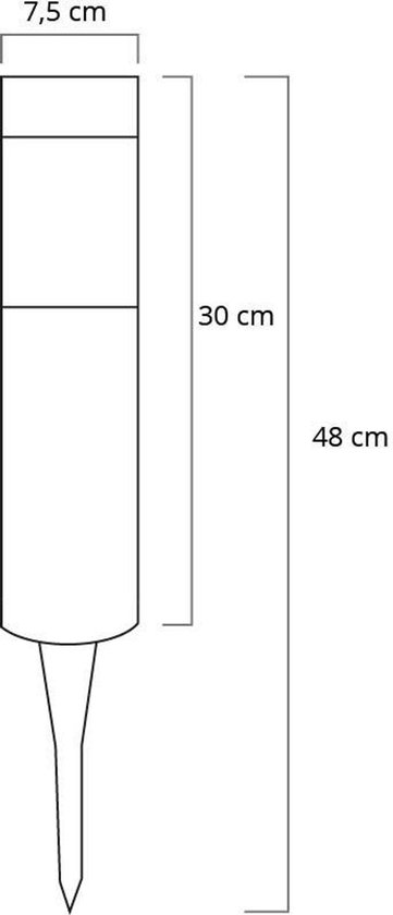 Technische tekening van een RVS tuinlamp met afmetingen. Lengte 48 cm, diameter 7,5 cm.
