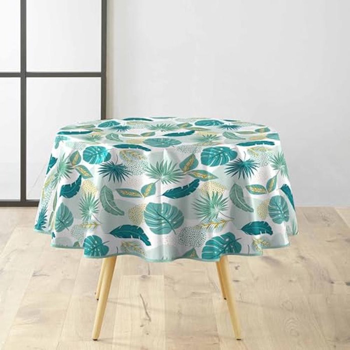 Rond tafelkleed Ø 160 cm in Plantania blauw – PVC Textilia