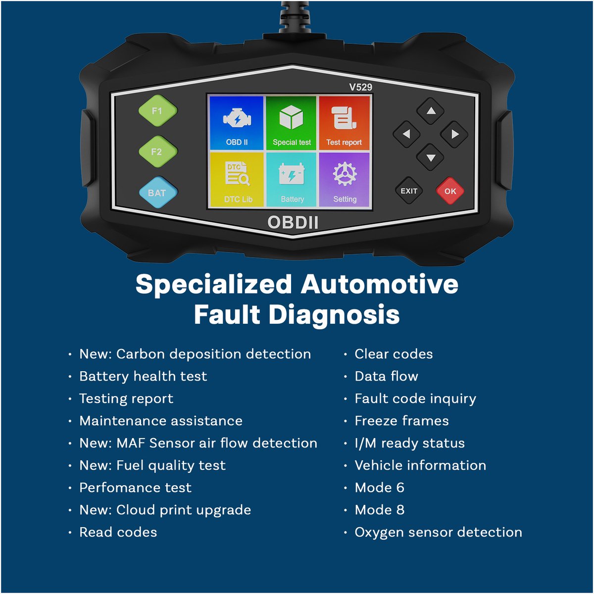 OBD2-scanner V529 van MMOBIEL – OBD2-scanner diagnostisch hulpmiddel met 45.900 foutcodes, live gegevens, prestatietests, rapport, brandstof luchtstroomdetectie – leest en wist foutcodes – opbergtasje thumbnail 5