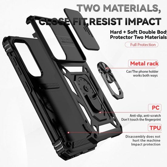 Coque de téléphone noire démontée en PC et TPU avec support annulaire et support métallique.