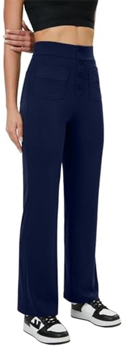 Dames Hoge Taille Sportbroek met Knoop en Zakken - Brede Elegante Broek voor Vrijetijd — afbeelding 3