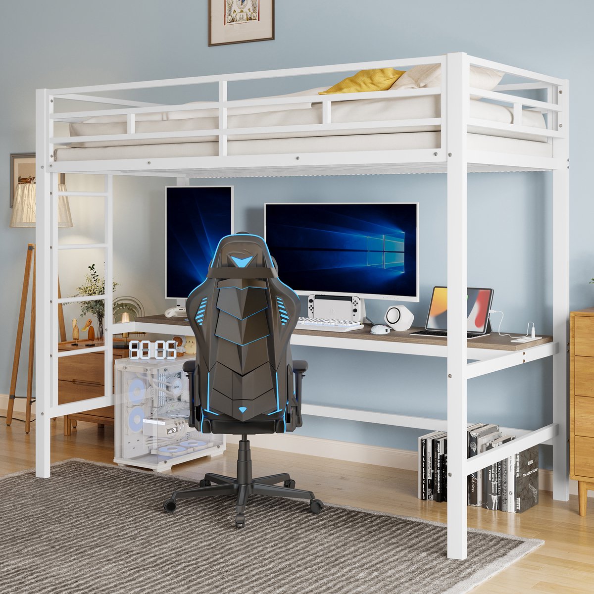 MODFU Hoogslaper 90x200 cm – Wit metaal/MDF met bureau, trap & LED – 7 kleuren