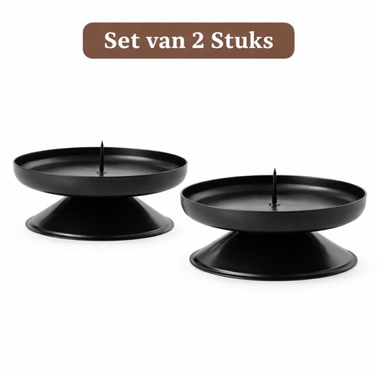 Spaas Metalen Kaarsenhouder Zwart – Set van 2 – Ø 9 cm – Met Pin voor Stompkaarsen