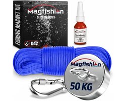 Magfishion Magneetvissen 50 KG Trekkracht - Mini Vismagneet - 10 Meter Lang Touw + Karabijnhaak met Schroefsluiting en Borgmiddel - Magneet Vissen - Outdoor - Starters Magneet - Magneetvissen Kinderen