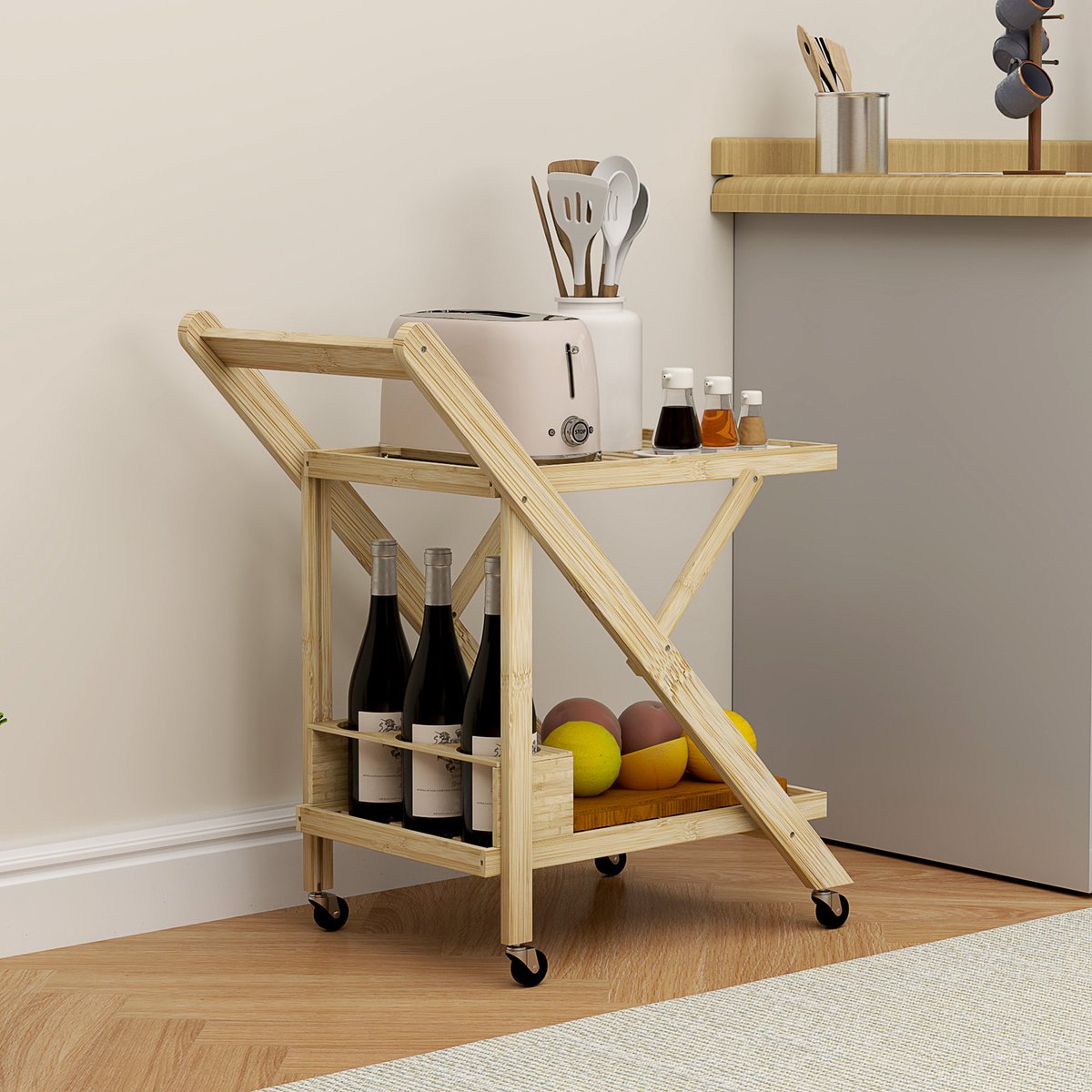 MODFU - Keukenwagen - Opvouwbaar Met Wijnrek En 2 Planken - Op Wielen - Bamboe - Naturel - 66 X 40 X 70 Cm