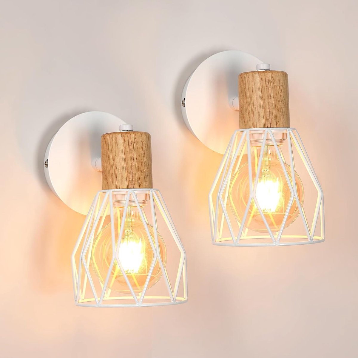 Witte Houten Metalen Kooi - Wandlamp Set - Sfeervolle Verlichting - Massief Houten Plank - 14.5x12x18cm - Wit