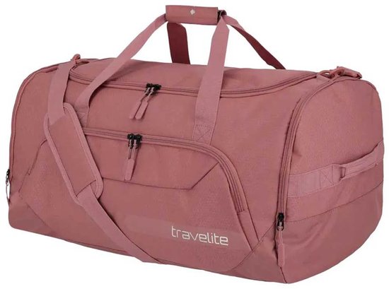 Roze Travelite reistas met twee handvatten, schouderband en ritsvakken.