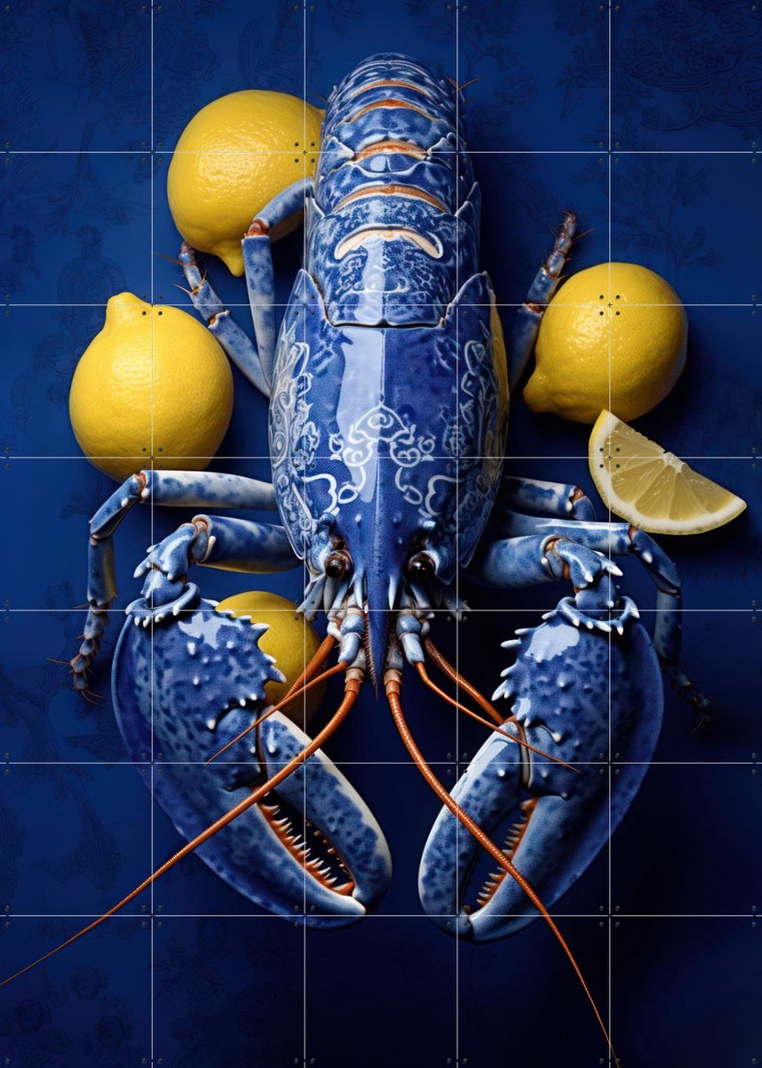 IXXI Luxe Lobster in Delft Blue with Lemon, OTTI - 100 x 140 cm - Gratis ophangtool - Grote wanddecoratie en posters - Digitale Kunst, Modern