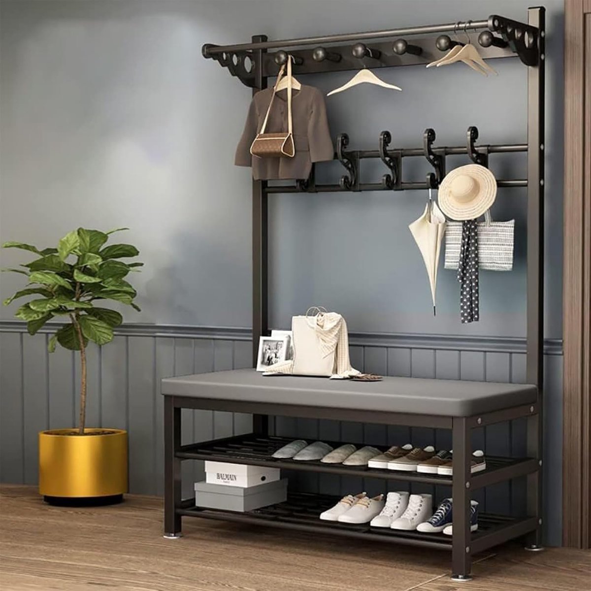 Industriële Kapstok Bank - Entree Meubel - Opbergen Schoenen Jassen - Robuuste Pijpstijl C
