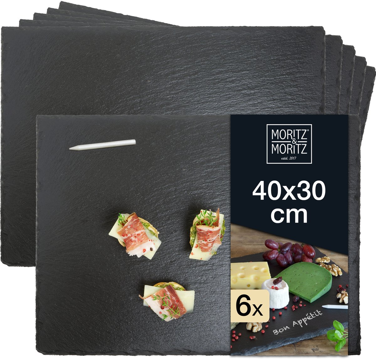 Moritz & Moritz 6x Leisteen Serveerschaal 30x40 cm met Krijtstift - Leisteenplaten voor het buffet, sushi en kaas - Perfect om gerechten op te schikken en als decoratie