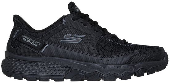 Zwarte Skechers heren sneaker, zijaanzicht. Met het 'Skechers Slip-Ins' logo op de zijkant.