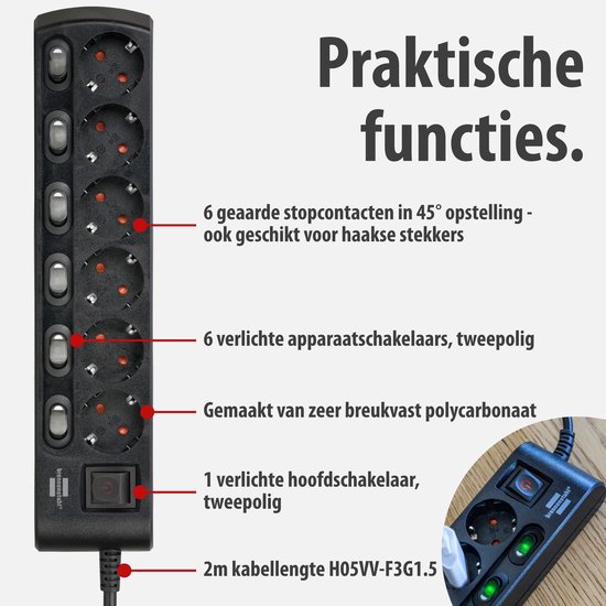 Zwarte stekkerdoos met 6 stopcontacten, 6 verlichte schakelaars, hoofdschakelaar en 2m kabel.