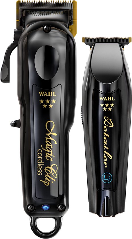 Set van een zwarte Wahl Magic Clip Cordless tondeuse en een zwarte Wahl Detailer Li trimmer, beide met gouden messen.