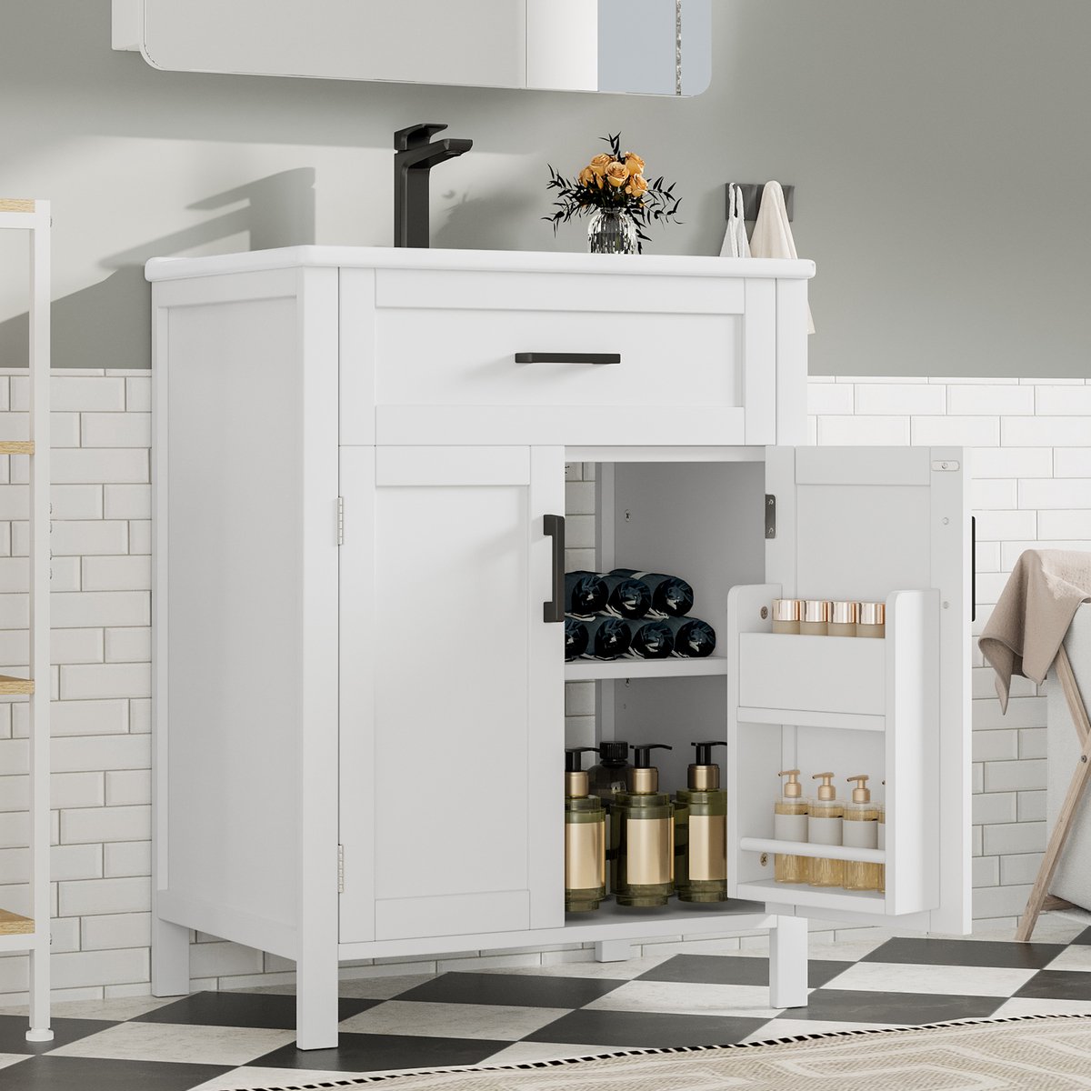 Wishdor - Badkamerkast Met Wastafel - Vrijstaand - Moderne Stijl - MDF En Keramiek - Wit - 60 x 46 x 84,8 cm