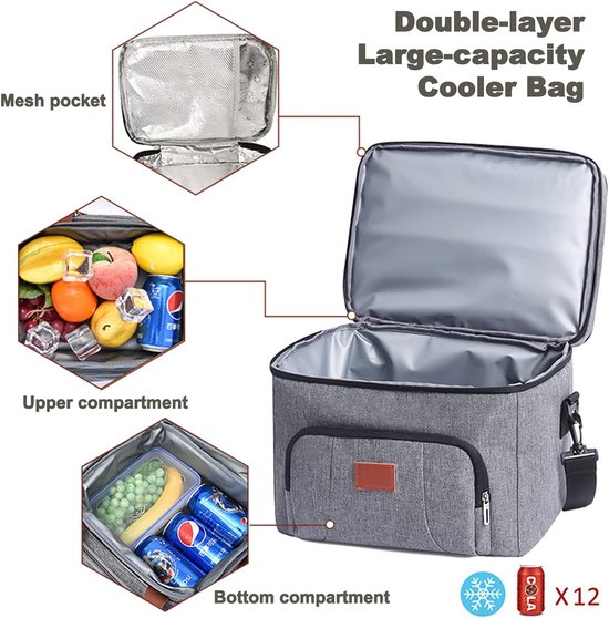 Grote geïsoleerde koeltas 20 liter - herbruikbaar lunchbox met lekvrije binnenkant - geschikt voor werk, school, picknick en buitenactiviteiten - grijs — afbeelding 4