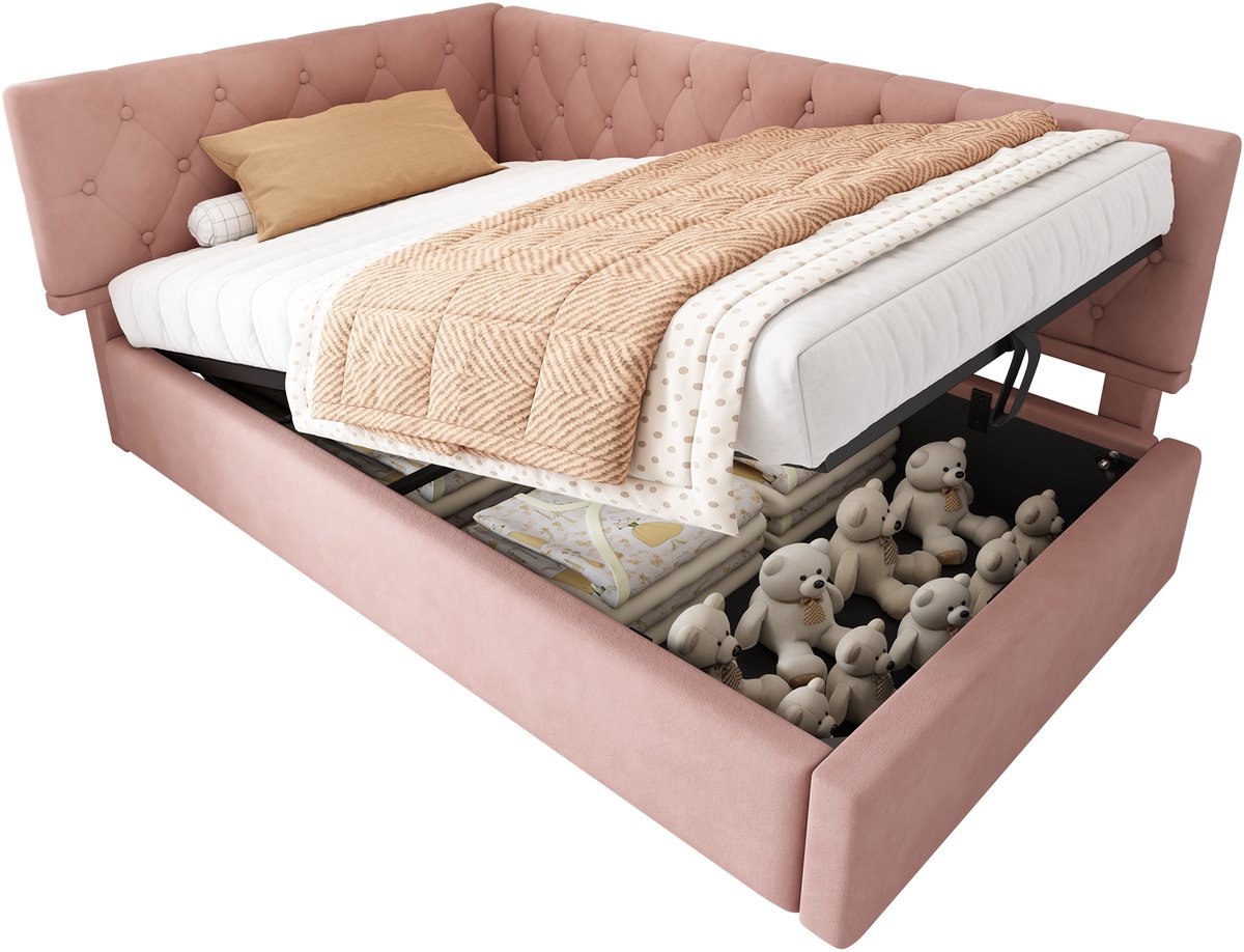 Wishdor Dagbed 90x200 cm – L-vormig met hydraulische opbergruimte – Fluweel – Roze – Creëer een romantische loungeplek met opbergruimte
