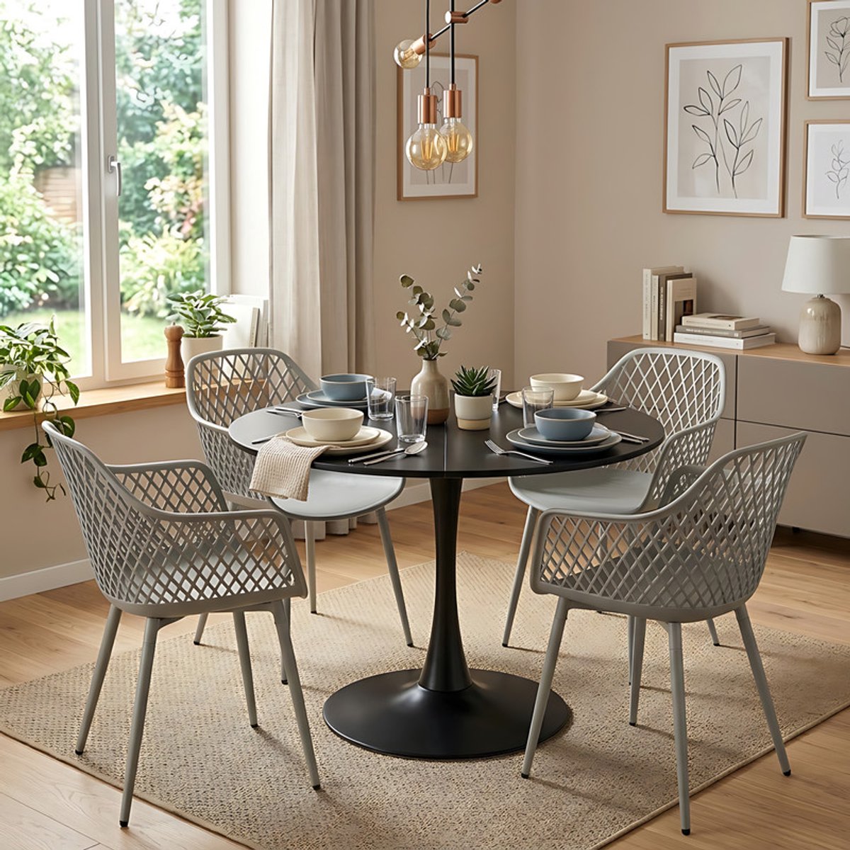 EGGREE eettafel en stoelen set - tafel met een diameter van 100 cm en 4 grijze stoelen - geschikt voor bar - kookeiland - café en eetkamer. Zwart-R4G