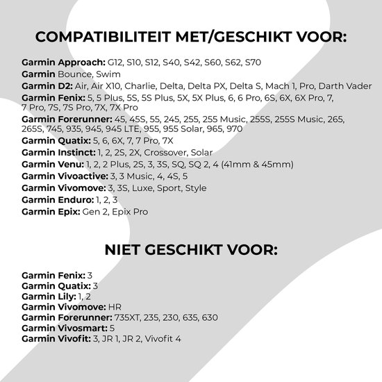 Liste des modèles Garmin compatibles avec le chargeur, et des modèles non compatibles.