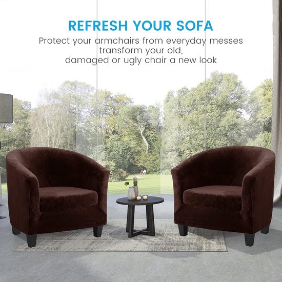 Set van 2 Fluwele Clubfauteuil Hoezen - Rekbare Stretchovers voor Fauteuil - Donkerbruin — afbeelding 3