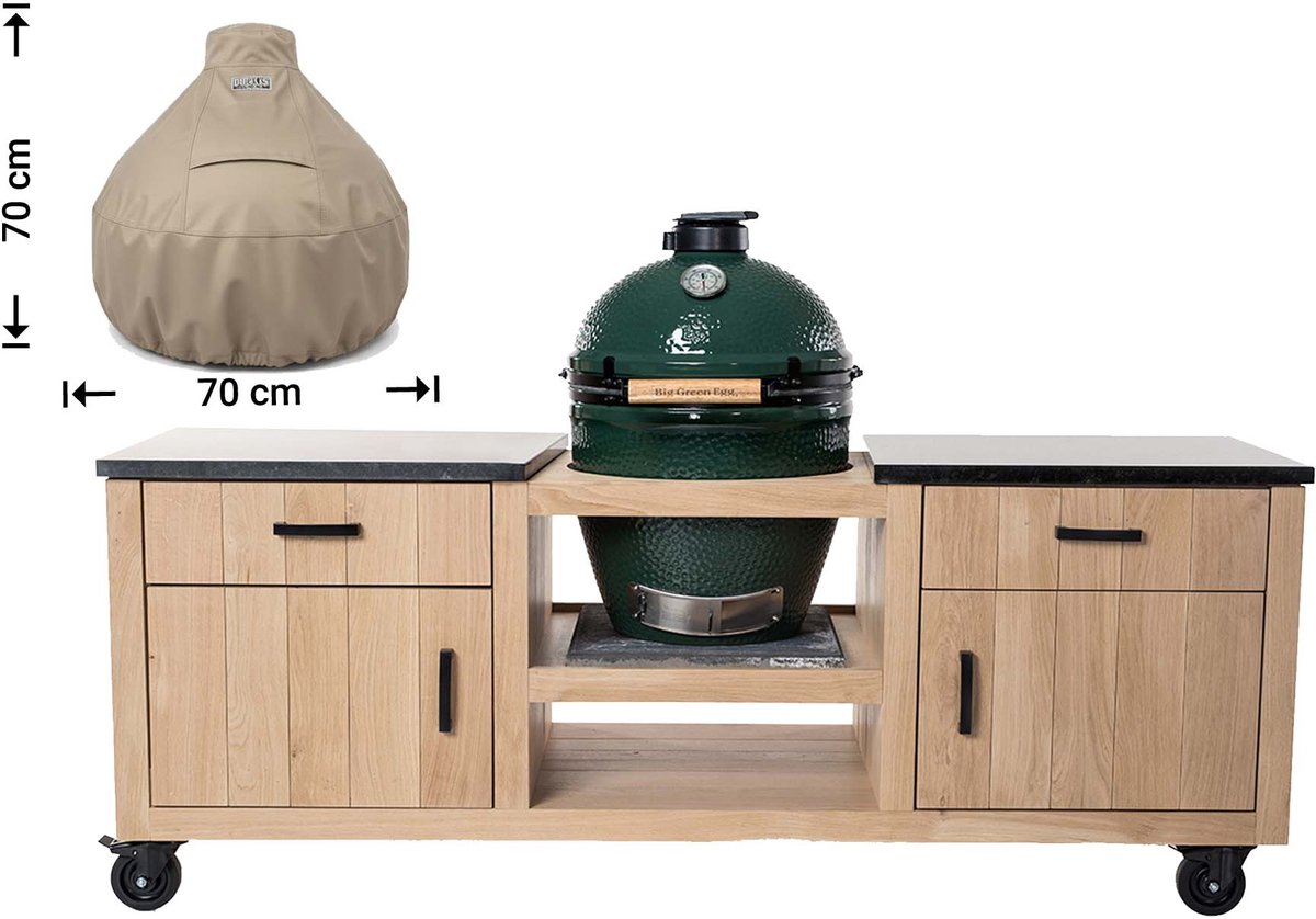 Raffles Covers Big Green Egg / Kamado hoes - 70 x 70 H: 70 cm - RBGE70dome - Waterdicht - Ademend - UV-bestendig - Elastisch rijgkoord - Big Green Egg / Kamado Accessoires - Hoes voor BBQ + Tafel Taupe