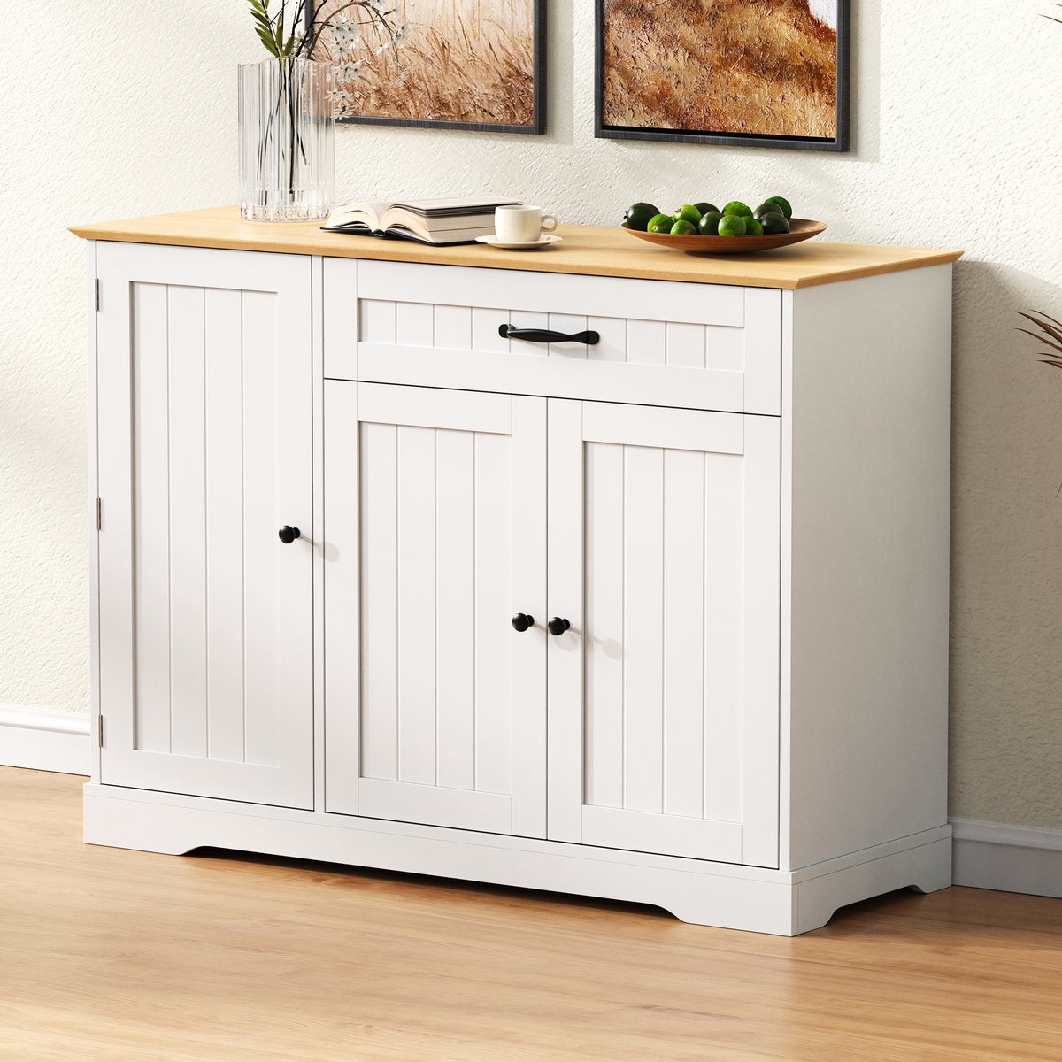 FloraGrace Dressoir - Modern Design Met 3 Deuren En Lade - Opbergkast Voor Hal Woonkamer En Eetkamer - MDF Wit Naturel