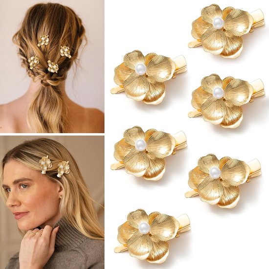 6 Pièces de Pinces à Cheveux Fleurs Dorées pour Filles – Petites Pinces à Cheveux avec Perles, Épingles à Cheveux Alligator Métalliques – Adaptées au Coiffage – Accessoires Cheveux Fleurs pour Femmes