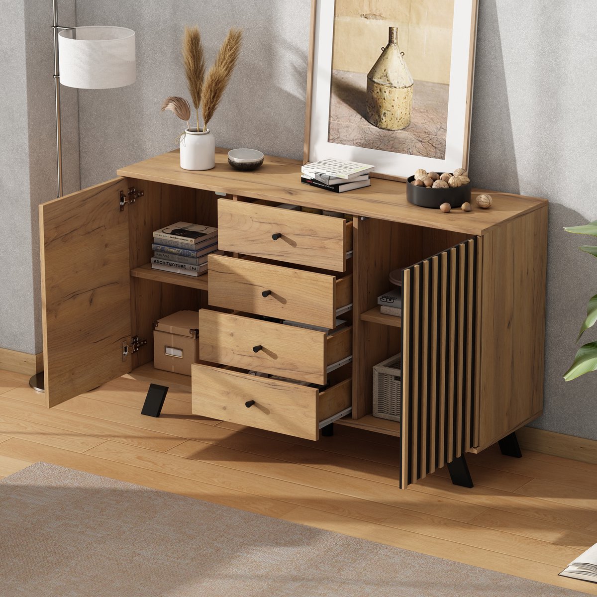 FloraGrace Dressoir - 2 Kasten En 4 Laden Met Decoratieve Latdeur - Opbergkast Voor Woonkamer En Eetkamer - MDF Houtkleur Zwart - 120x38x75 Cm