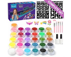 Boncy® XXL Glitter Tattoo Set - Schmink Tattoos Body Glitters - Incl. Sjablonen en Huidlijm - Tijdelijke Nep Tatoeages Voor Kinderen & Volwassenen -…